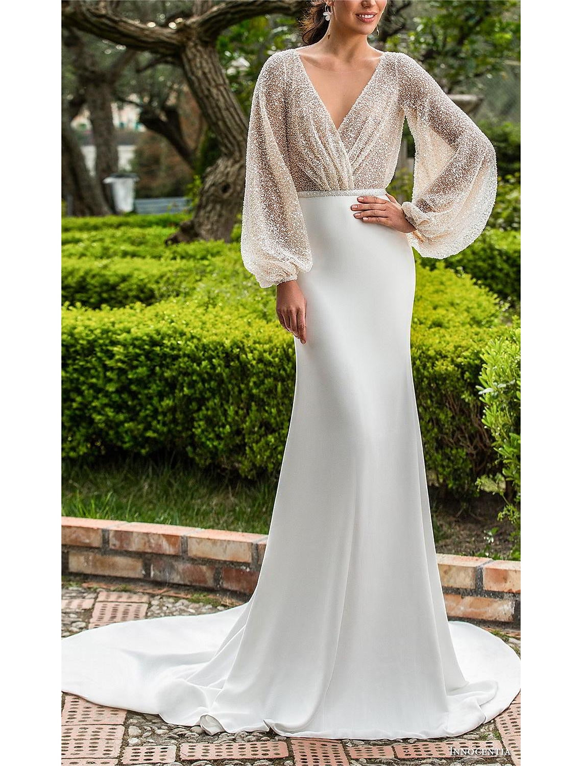 Wholesa Formal Wedding Dresses Mermaid / Trumpet V Neck Long Sleeve Sweep / Brush Train Sequined Bridal Gowns With Beading Solid Color