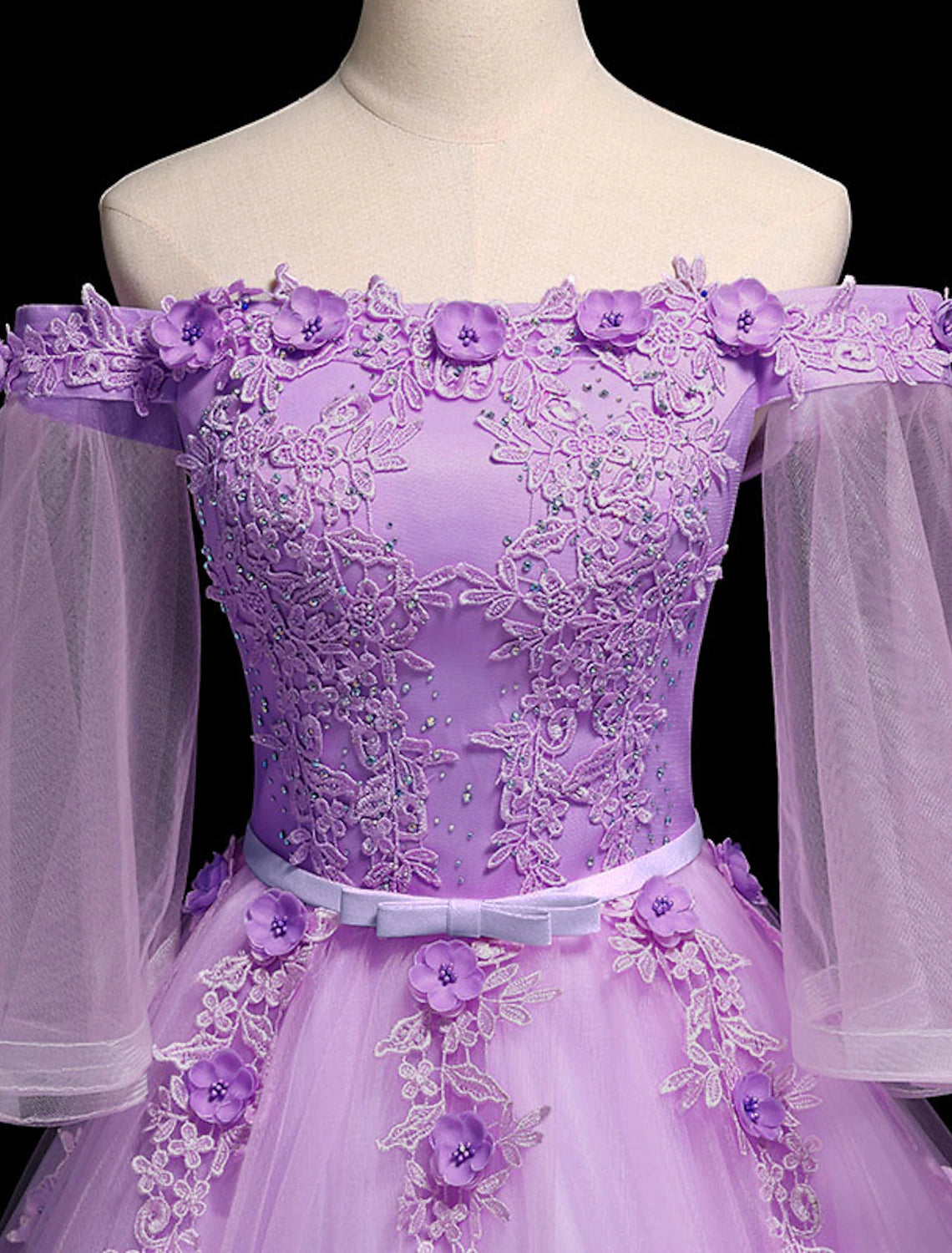 wholesale  Ball Gown Luxurious Floral Quinceanera Prom Birthday Dress Off Shoulder 3/4 Length Sleeve Floor Length Tulle with Sash / Ribbon Embroidery