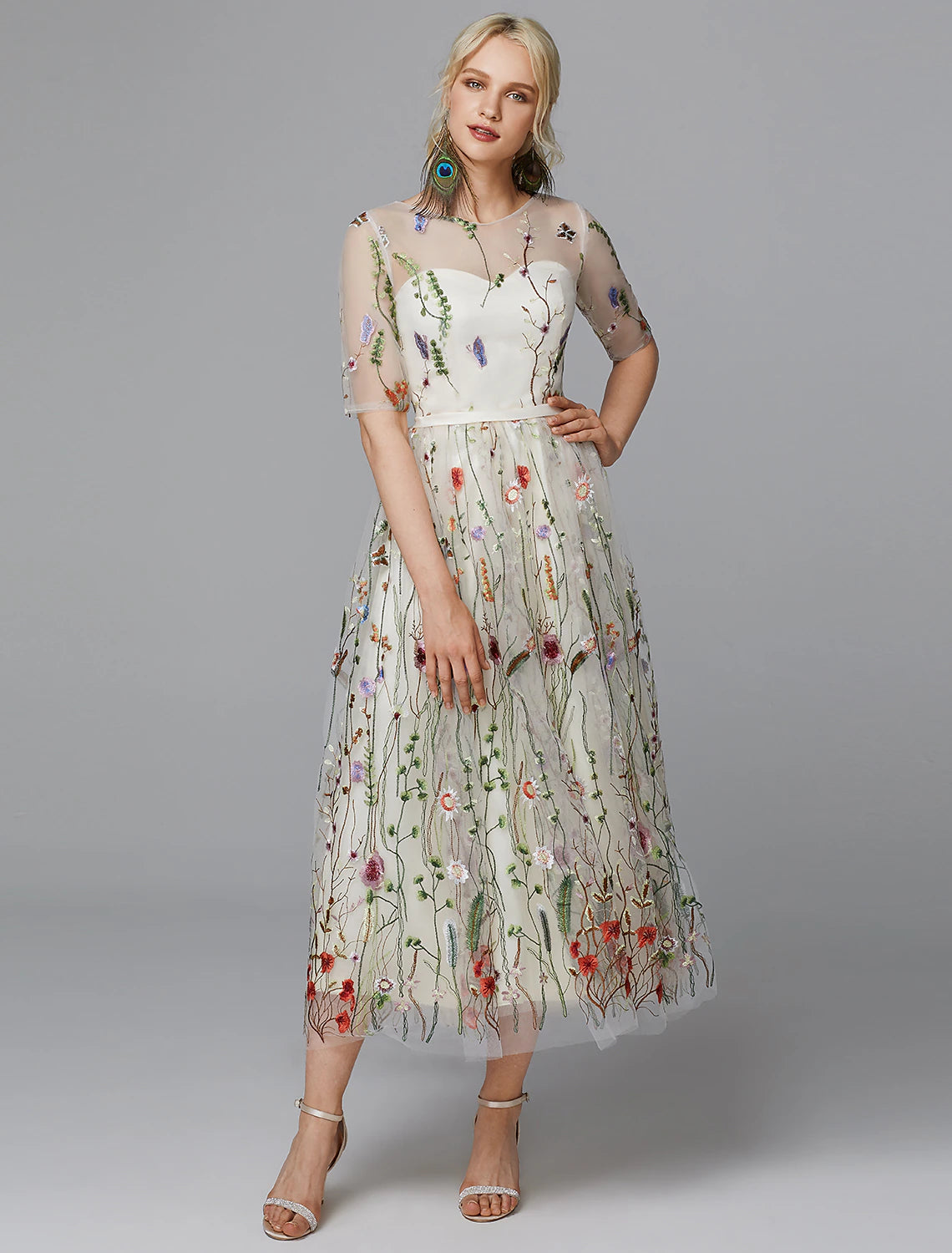 wholesale  A-Line Floral Dress Holiday Wedding Guest Tea Length Half Sleeve Illusion Neck Lace with Embroidery Appliques