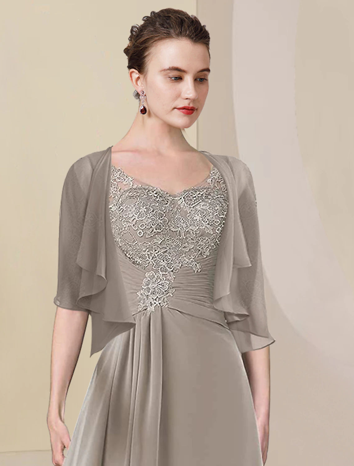 wholesale  Two Piece A-Line Mother of the Bride Dress Formal Wedding Guest Elegant High Low V Neck Asymmetrical Tea Length Chiffon Lace Half Sleeve Wrap Included with Ruched Appliques