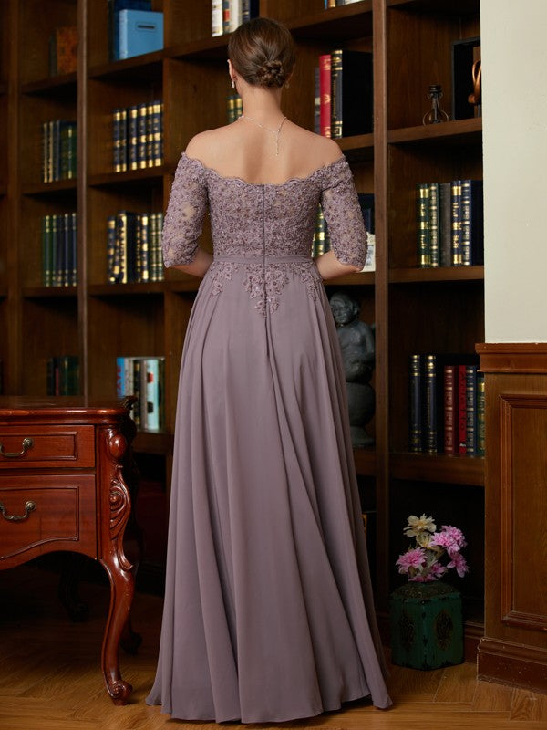 Wholesa A-Line/Princess Chiffon Applique Off-the-Shoulder 3/4 Sleeves Floor-Length Mother of the Bride Dresses