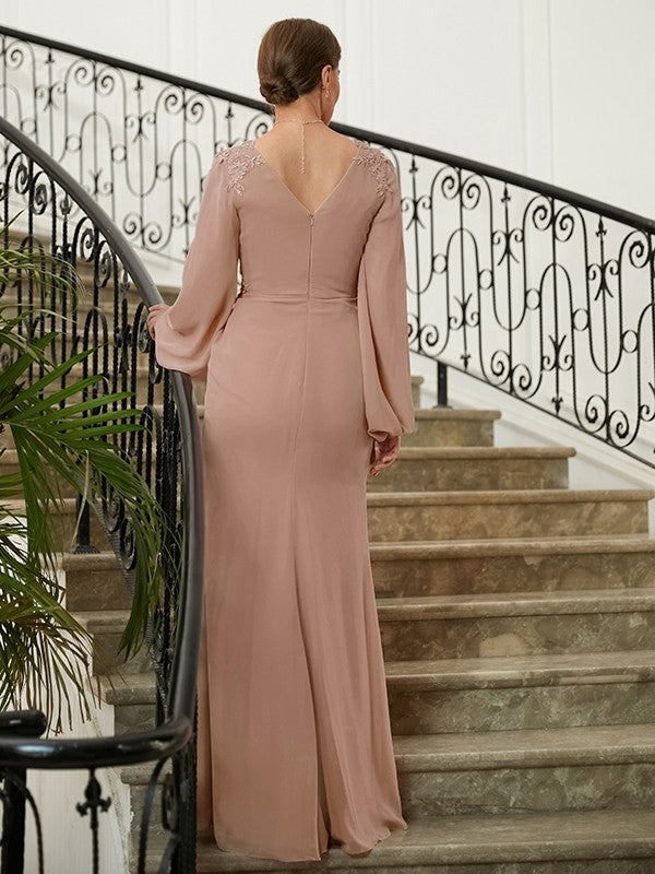 Wholesa A-Line/Princess Chiffon Applique V-neck Long Sleeves Floor-Length Mother of the Bride Dresses