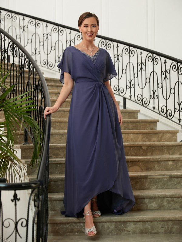 Wholesa A-Line/Princess Chiffon Beading V-neck Short Sleeves Asymmetrical Mother of the Bride Dresses
