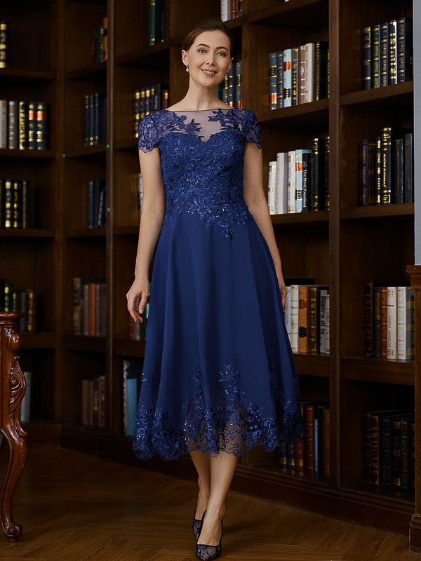 Wholesa A-Line/Princess Chiffon Applique Bateau Short Sleeves Tea-Length Mother of the Bride Dresses