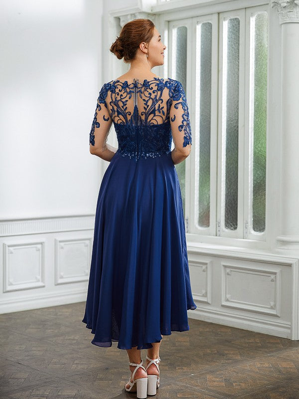 Wholesa A-Line/Princess Chiffon Applique Bateau 1/2 Sleeves Tea-Length Mother of the Bride Dresses