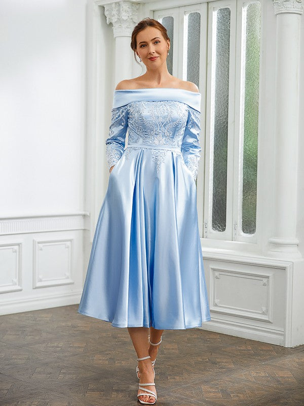 Wholesa A-Line/Princess Woven Satin Ruched Off-the-Shoulder Long Sleeves Tea-Length Mother of the Bride Dresses
