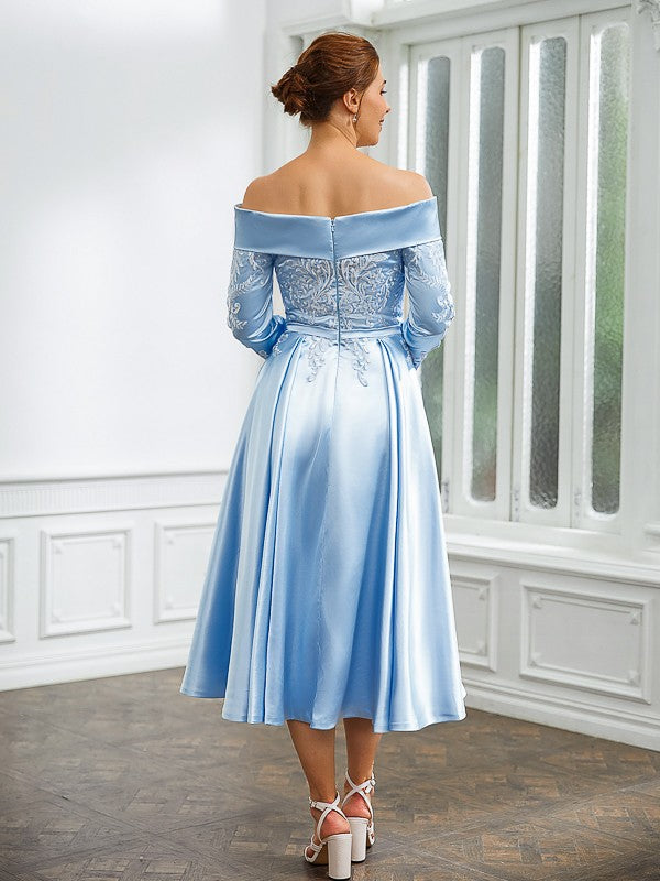 Wholesa A-Line/Princess Woven Satin Ruched Off-the-Shoulder Long Sleeves Tea-Length Mother of the Bride Dresses