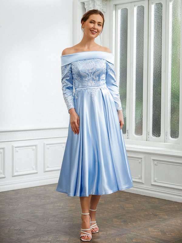 Wholesa A-Line/Princess Woven Satin Ruched Off-the-Shoulder Long Sleeves Tea-Length Mother of the Bride Dresses