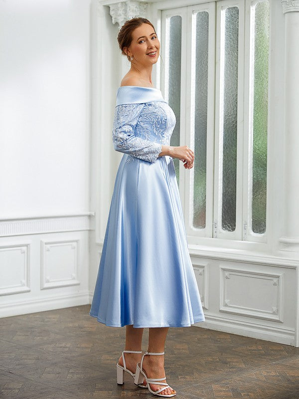 Wholesa A-Line/Princess Woven Satin Ruched Off-the-Shoulder Long Sleeves Tea-Length Mother of the Bride Dresses