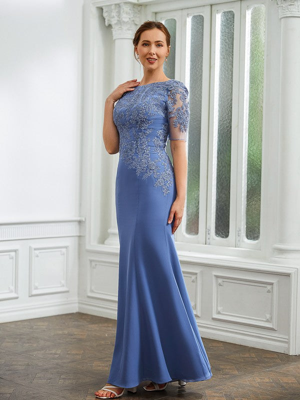 Wholesa Sheath/Column Chiffon Applique Bateau Short Sleeves Floor-Length Mother of the Bride Dresses