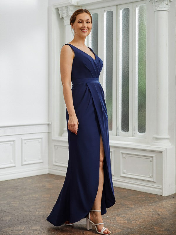 Wholesa Sheath/Column Stretch Crepe Ruched V-neck Sleeveless Floor-Length Mother of the Bride Dresses