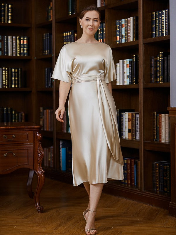 Wholesa Sheath/Column Woven Satin Ruched Scoop Short Sleeves Tea-Length Mother of the Bride Dresses