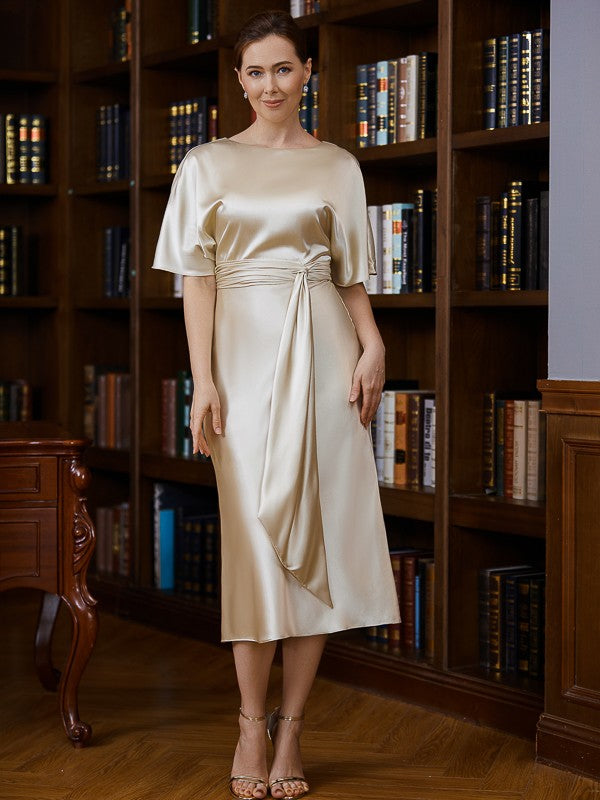 Wholesa Sheath/Column Woven Satin Ruched Scoop Short Sleeves Tea-Length Mother of the Bride Dresses