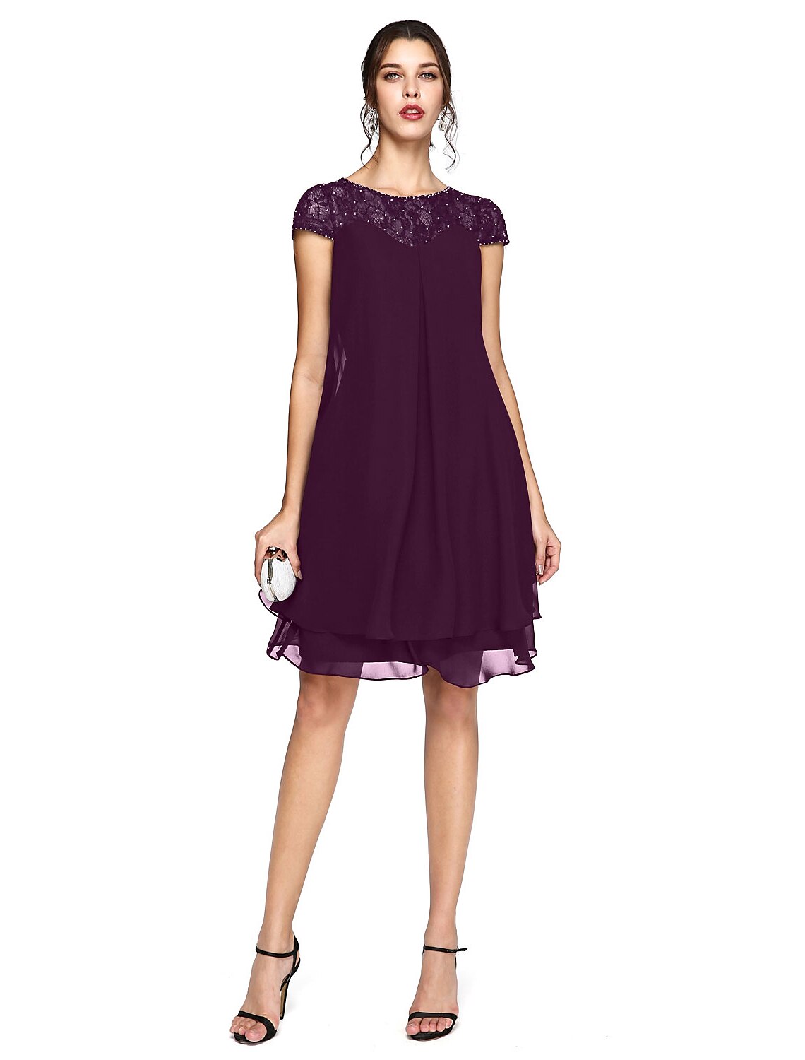 wholesale  A-Line Mother of the Bride Dress Plus Size Elegant Illusion Neck Knee Length Chiffon Lace Short Sleeve with Sequin