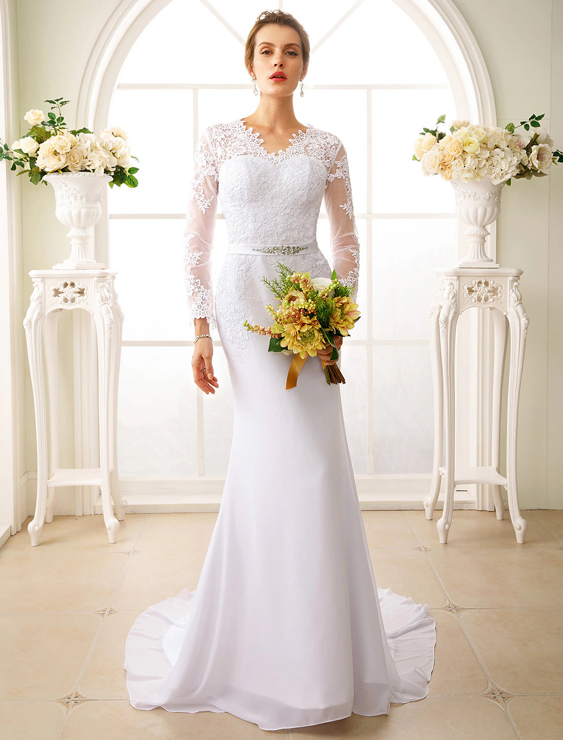 wholesale  Engagement Open Back Fall Formal Wedding Dresses Mermaid / Trumpet Illusion Neck Long Sleeve Court Train Chiffon Bridal Gowns With Sash / Ribbon Appliques