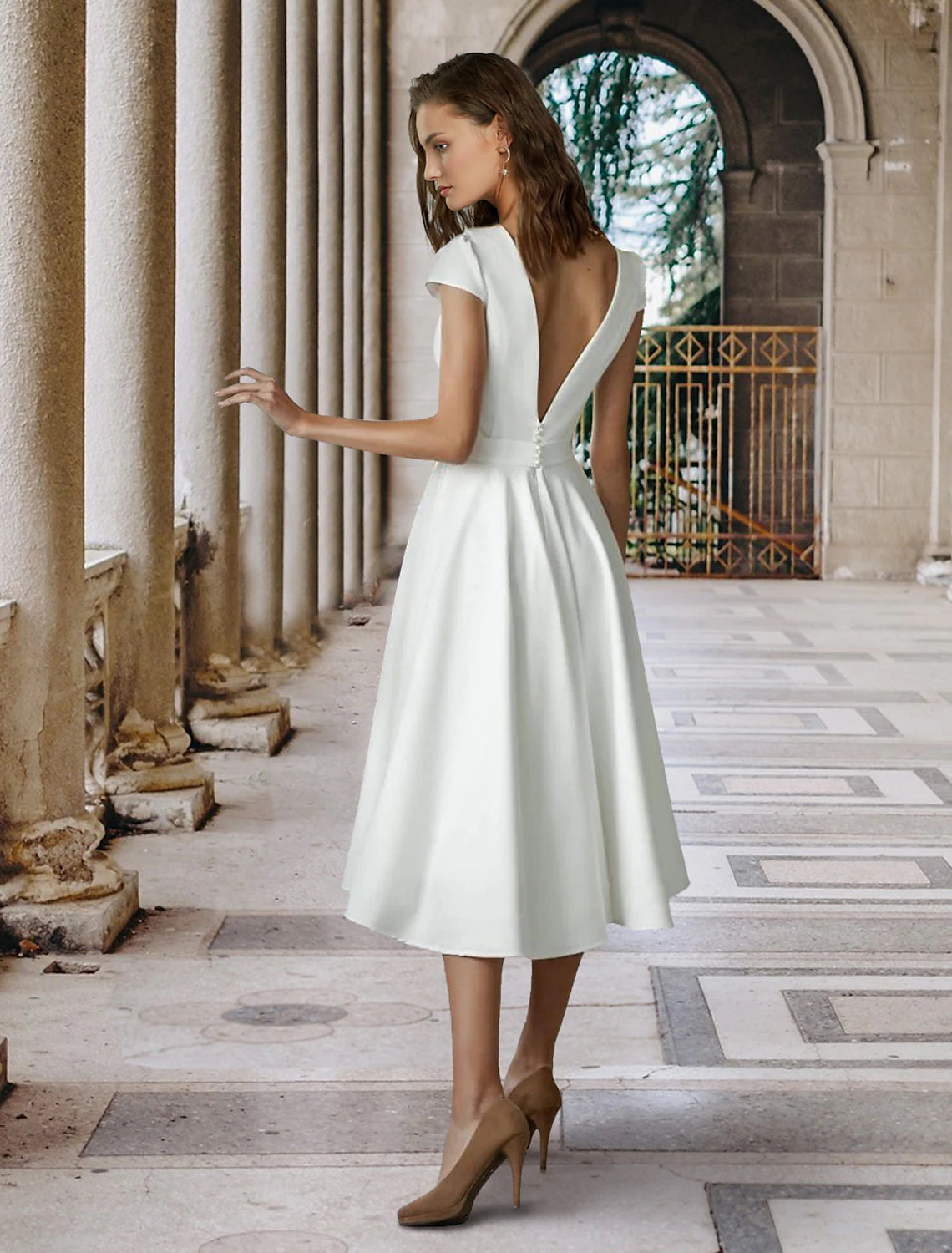 Wholesa  Little White Dresses Wedding Dresses A-Line Scoop Neck Short Sleeve Knee Length Satin Bridal Gowns With Pleats Solid Color