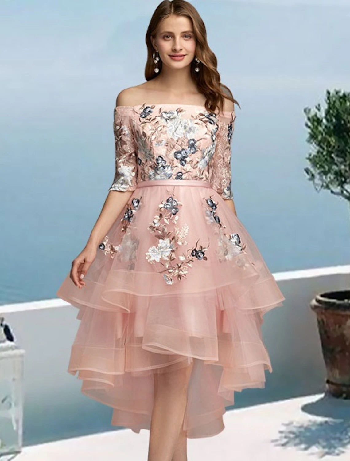 wholesa A-Line Prom Dresses Floral Dress Evening Party Wedding Party Asymmetrical Half Sleeve Off Shoulder Satin with Embroidery Appliques