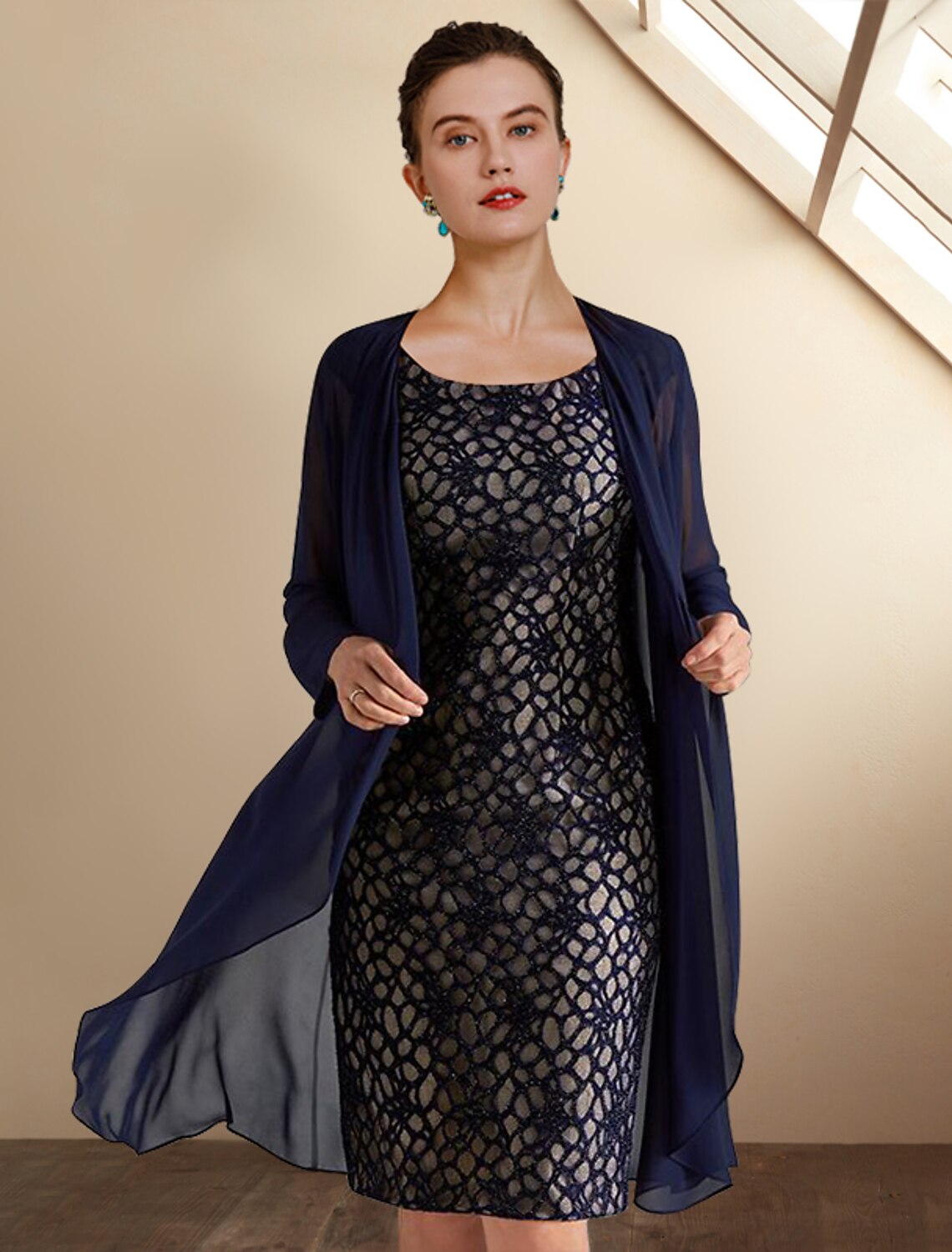 wholesale  Two Piece Sheath / Column Mother of the Bride Dress Church Elegant Jewel Neck Knee Length Chiffon Lace Short Sleeve Jacket Dresses with Appliques