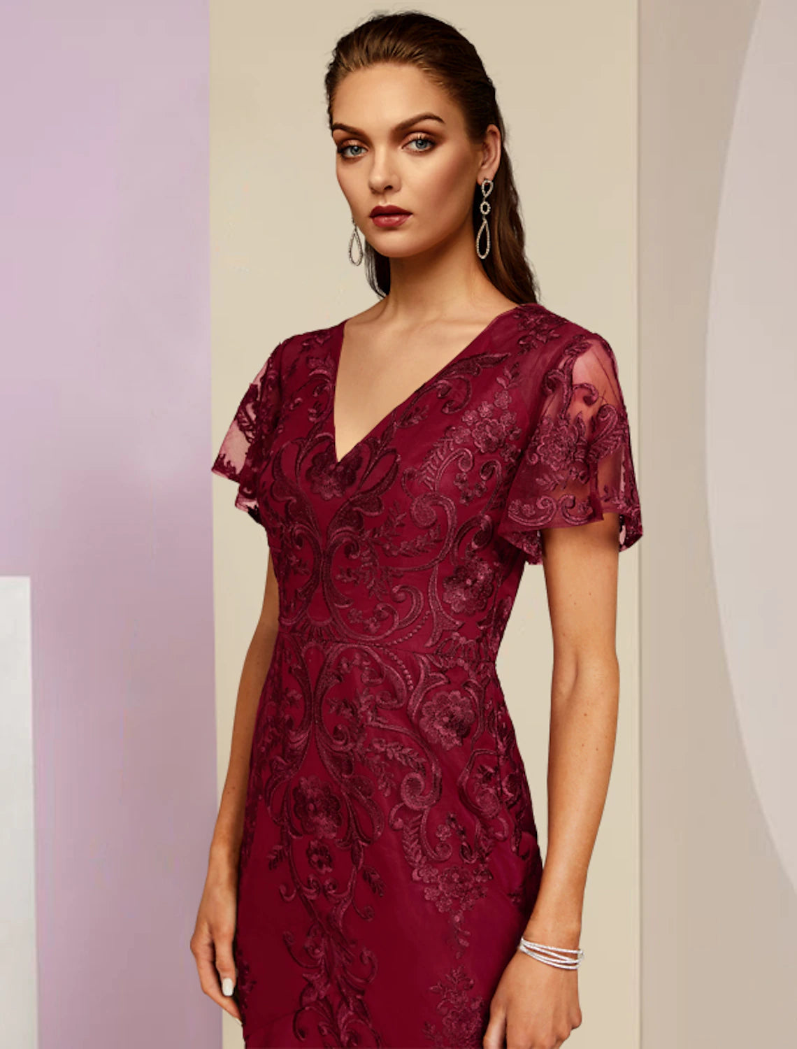 wholesale  Sheath / Column Mother of the Bride Dress Wedding Guest Party Elegant V Neck Tea Length Lace Short Sleeve with Pleats Solid Color