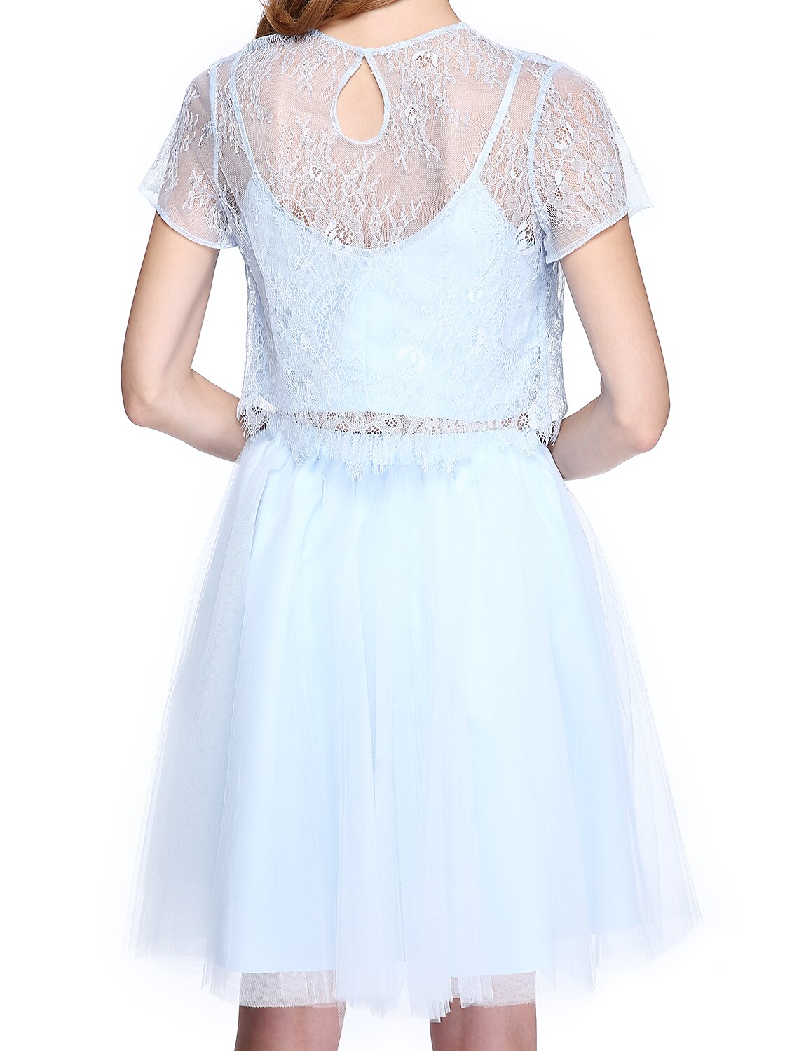 wholesale  A-Line Mother of the Bride Dress Two Piece Jewel Neck Knee Length Lace Tulle Short Sleeve No with Lace
