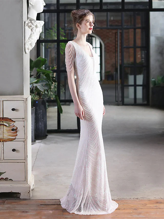 Wholesa Mermaid / Trumpet Evening Gown Sexy Dress Formal Floor Length Sleeveless V Neck Sequined with Sequin Tassel