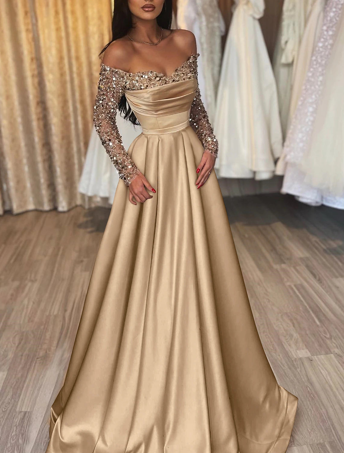 Wholesa Ball Gown Party Dress Evening Gown Party Dress Hot Dress Engagement Wedding Reception Sweep / Brush Train 3/4 Length Sleeve Off Shoulder Satin with Sequin