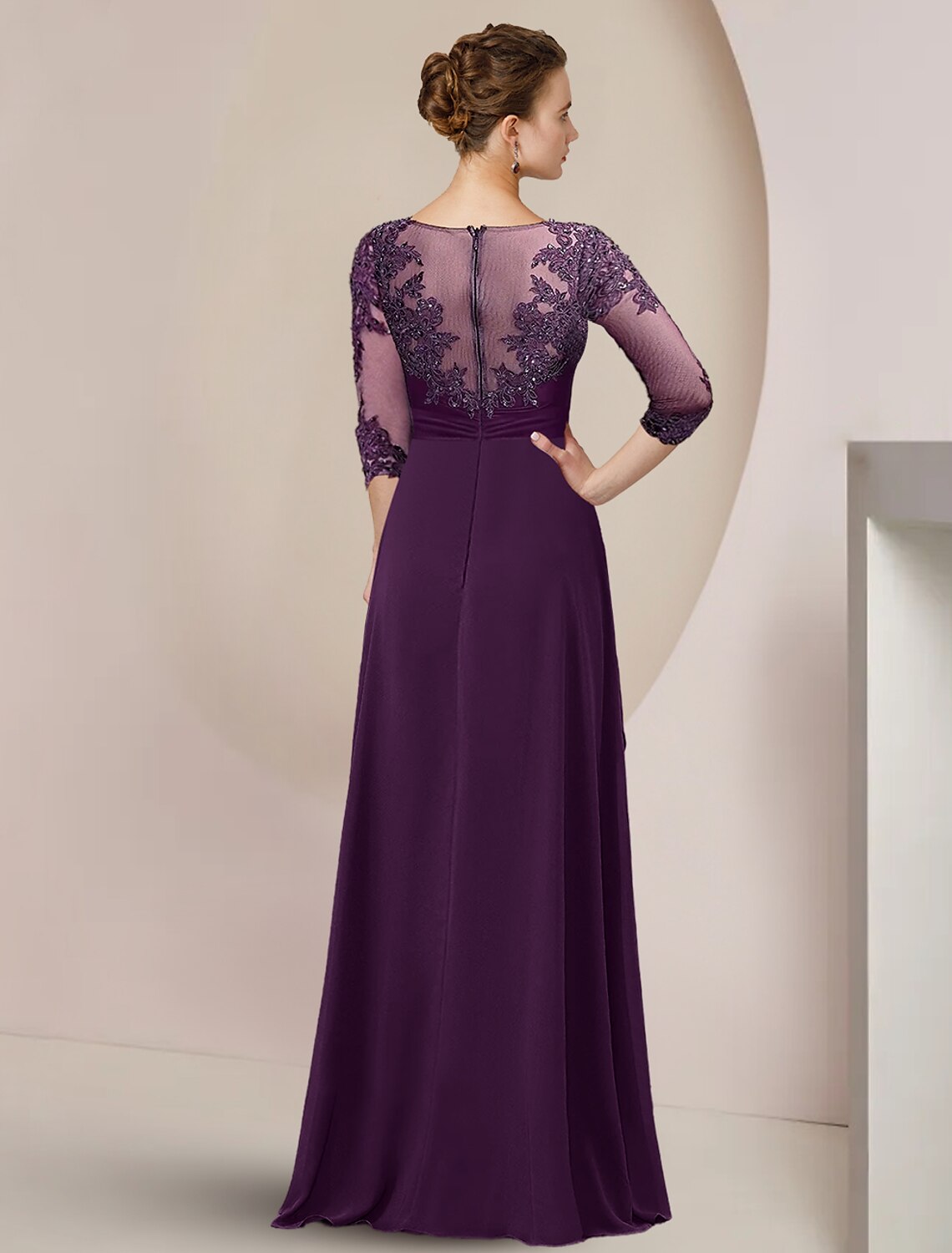 wholesale  A-Line Mother of the Bride Dress Formal Wedding Guest Elegant High Low Scoop Neck Asymmetrical Floor Length Chiffon Lace 3/4 Length Sleeve with Beading Sequin Appliques