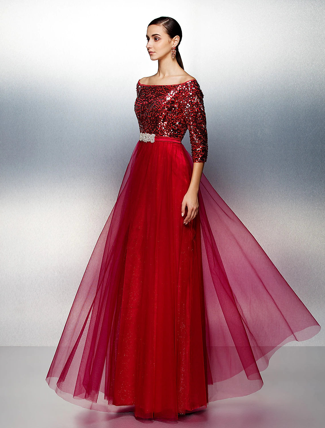 Wholesa A-Line Bateau Neck / Boat Neck Floor Length Tulle / Sequined Sparkle & Shine / Beaded & Sequin Prom / Formal Evening Dress with Sash / Ribbon / Sequin