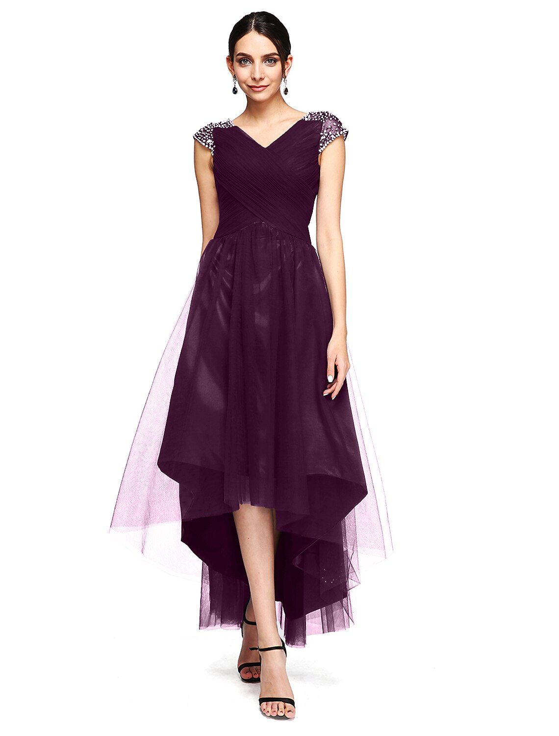 Wholesa A-Line Special Occasion Dresses Open Back Dress Wedding Guest Prom Asymmetrical Short Sleeve V Neck Tulle with Criss Cross Beading