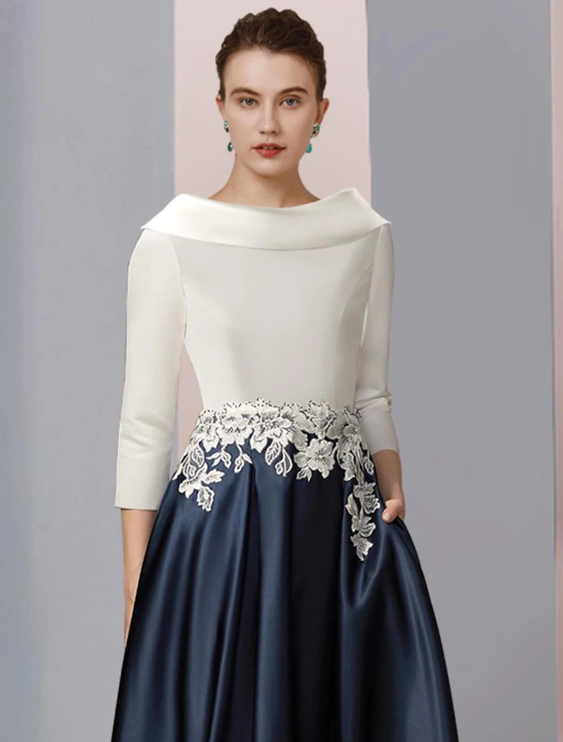 Wholesa A-Line Mother of the Bride Dress Formal Wedding Guest Elegant Vintage Bateau Neck Tea Length Satin Lace Half Sleeve with Pleats Appliques Color Block