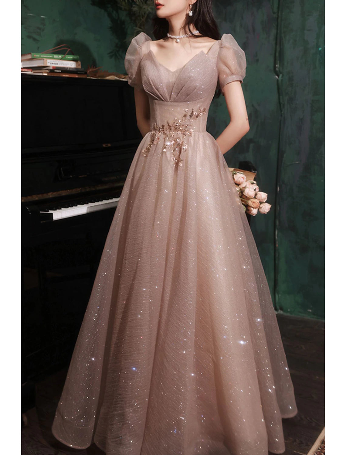 wholesale  A-Line Prom Party Dress Sparkle & Shine Dress Prom Valentine‘s Day Floor Length Short Sleeve V Neck Tulle with Sequin