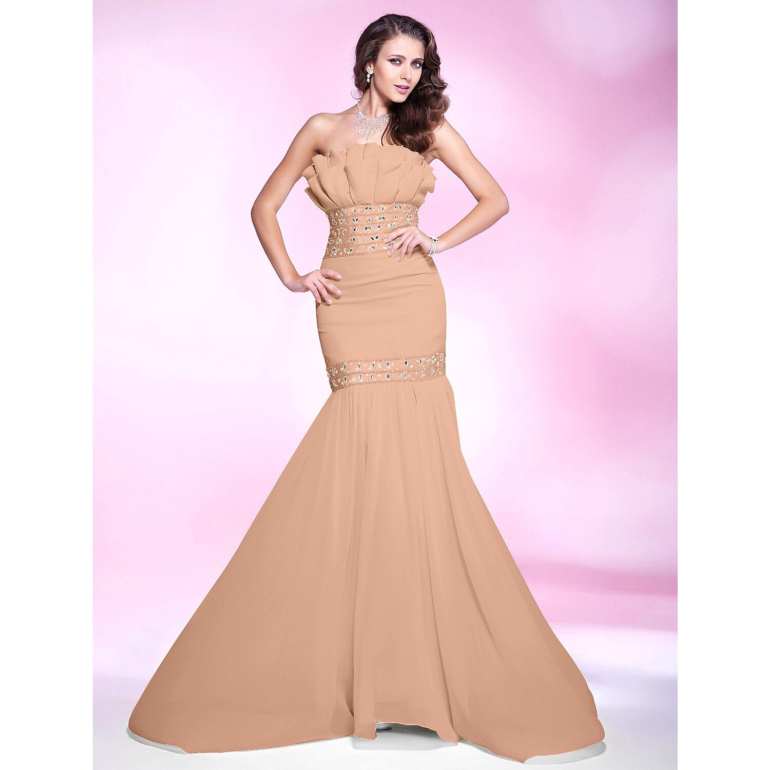 Wholesa Mermaid / Trumpet Elegant Engagement Formal Evening Dress Strapless Sleeveless Sweep / Brush Train Chiffon with Beading Ruffles