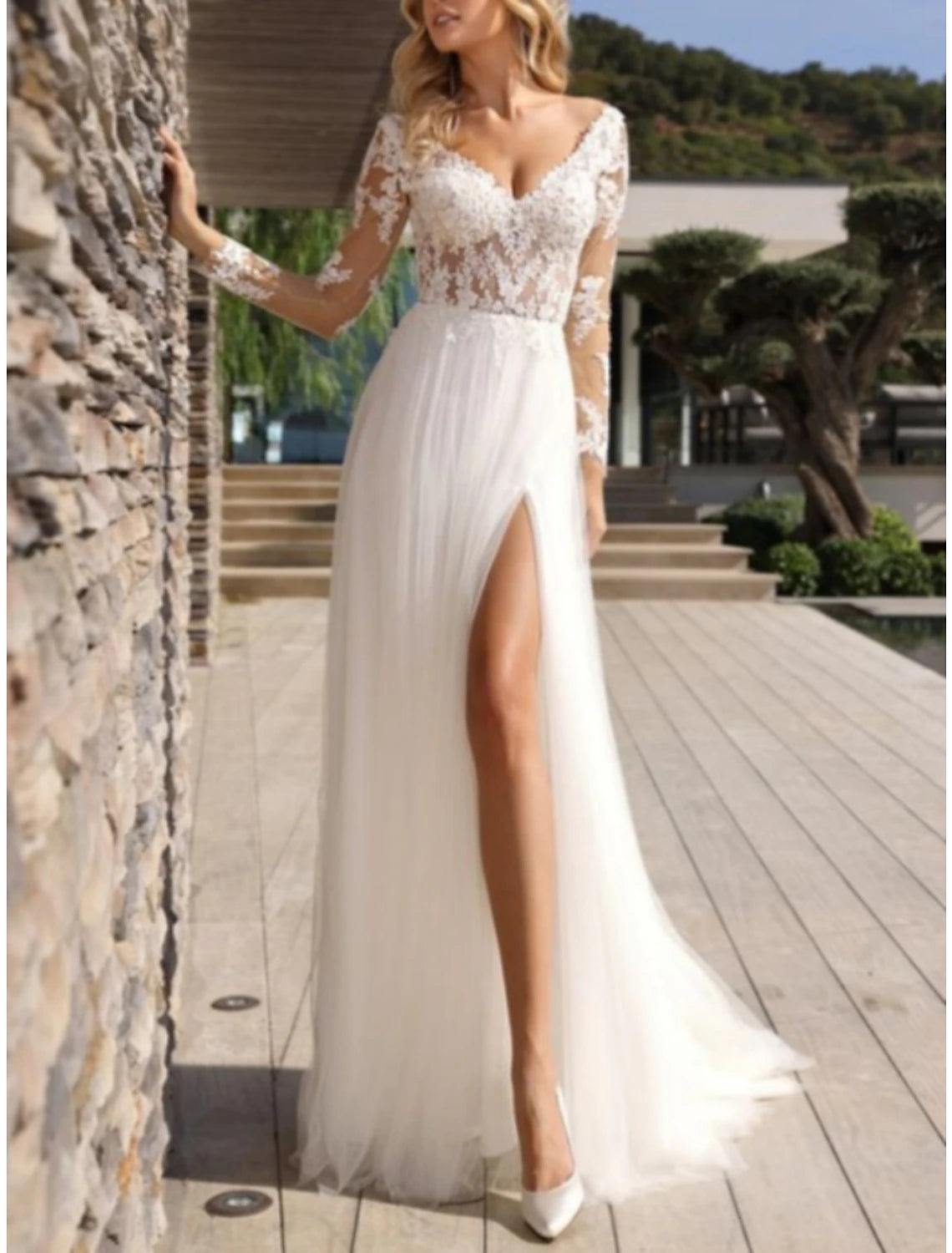 Wholesa Beach Formal Wedding Dresses A-Line V Neck Long Sleeve Sweep / Brush Train Lace Bridal Gowns With Pleats Split Front