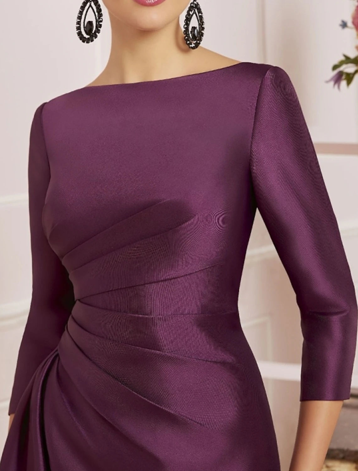 Wholesa  Sheath / Column Mother of the Bride Dress Fall Wedding Guest Elegant Off Shoulder Knee Length Satin 3/4 Length Sleeve with Ruching