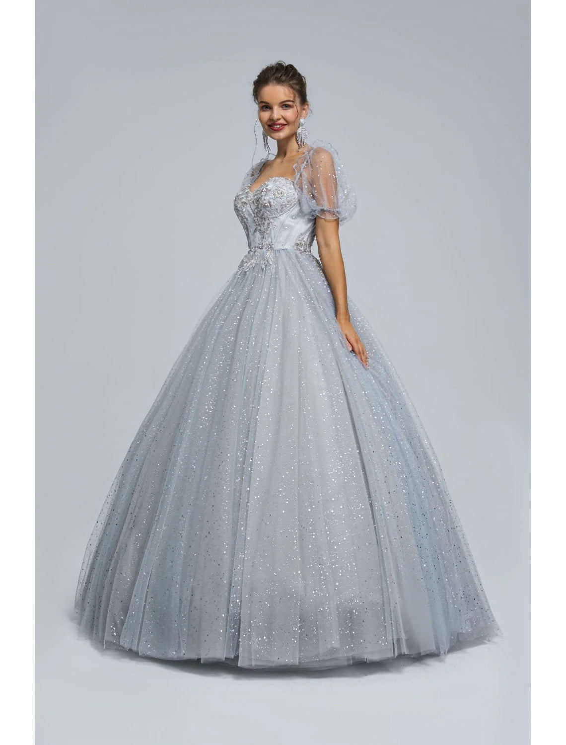 Wholesa Ball Gown Prom Dresses Princess Dress Graduation Quinceanera Floor Length Short Sleeve Sweetheart Tulle with Sequin Appliques
