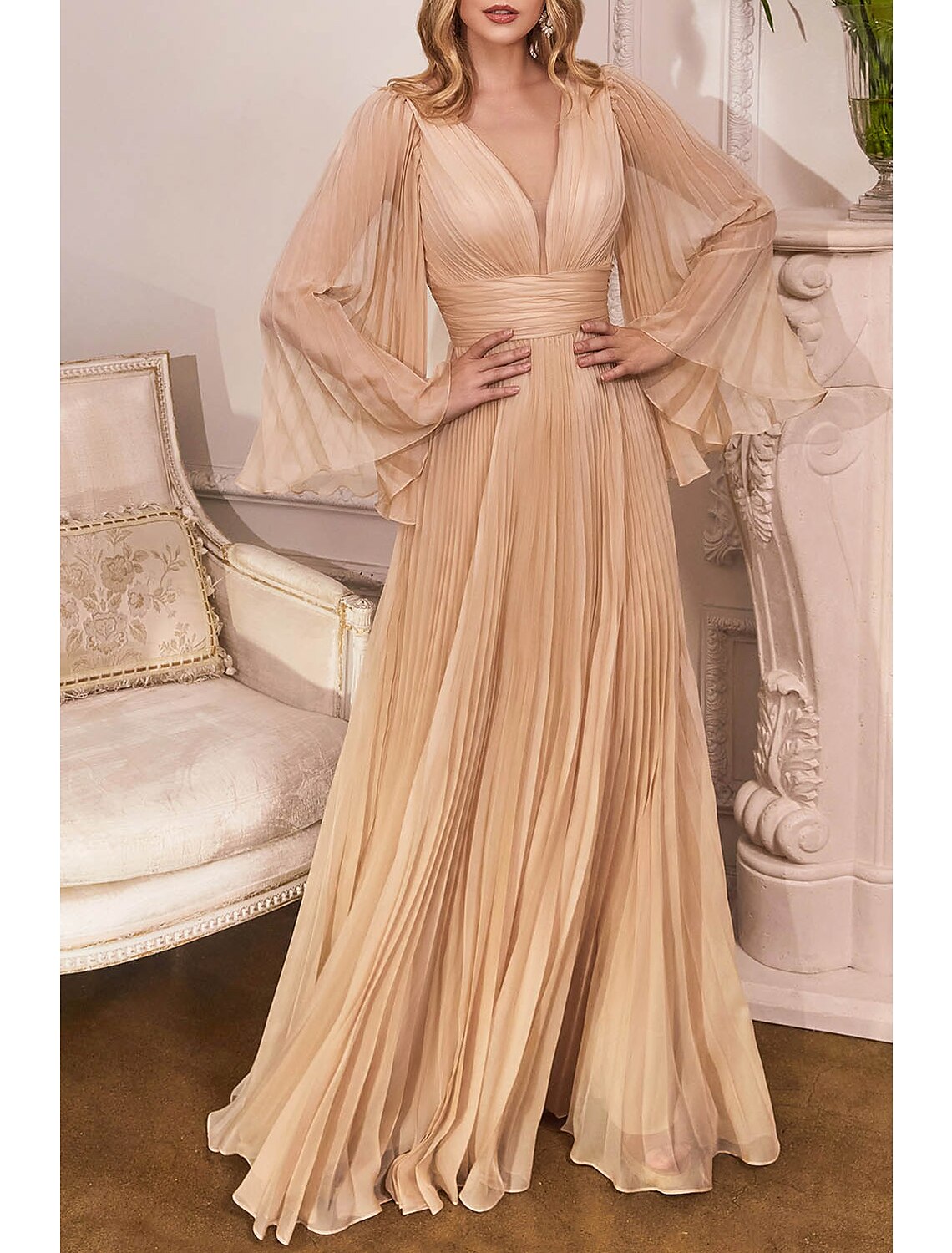 Wholesa Sheath / Column Wedding Guest Dresses Elegant Dress Wedding Guest Floor Length Long Sleeve V Neck Chiffon with Pleats Ruched