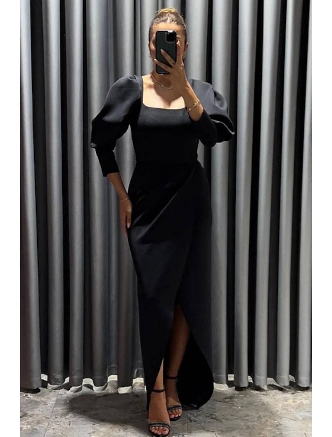 Wholesa Sheath / Column Evening Gown Elegant Dress Formal Fall Asymmetrical 3/4 Length Sleeve Square Neck Stretch Fabric with Ruched Slit
