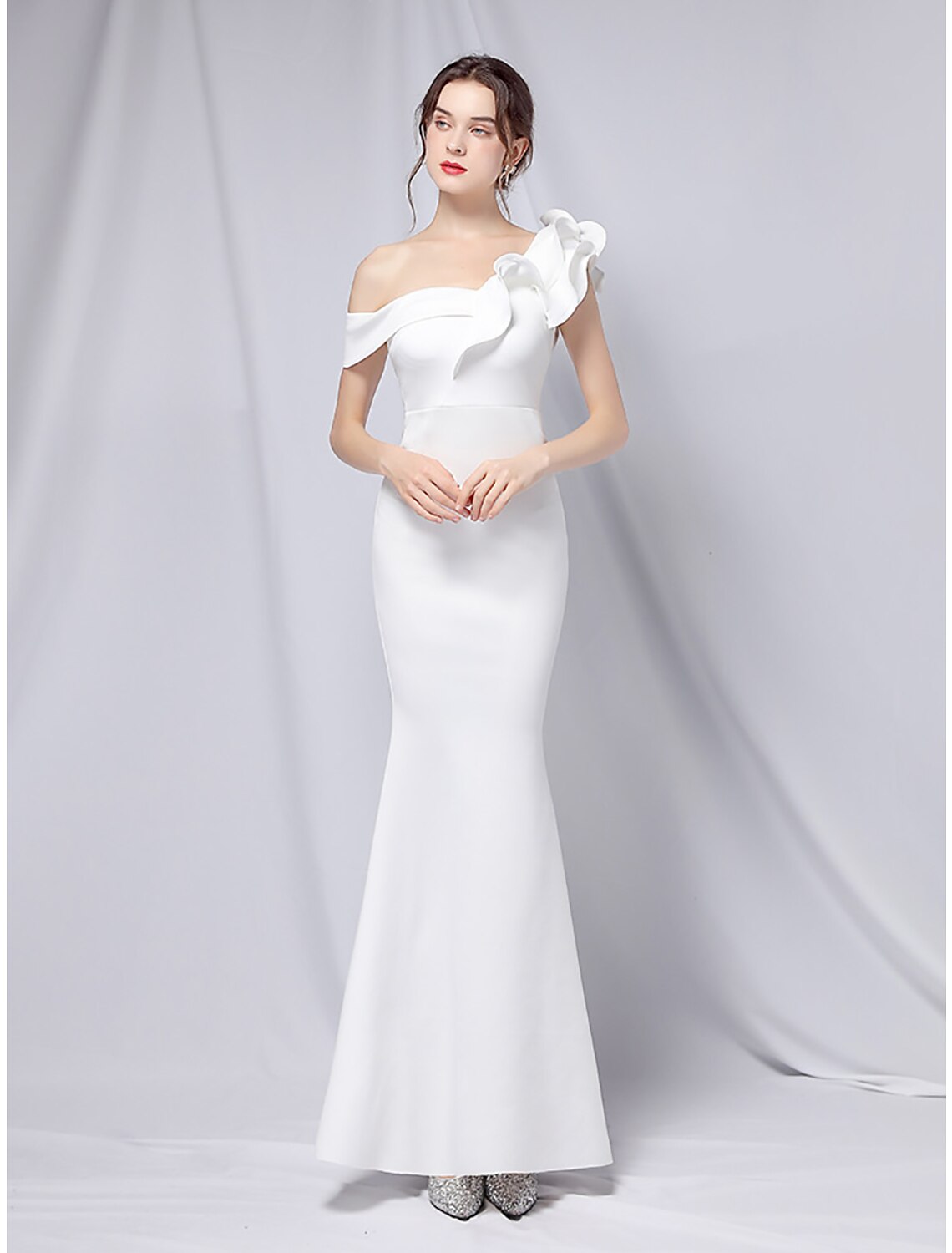 Wholesa Mermaid / Trumpet Evening Gown Empire Dress Wedding Guest Formal Evening Floor Length Short Sleeve One Shoulder Stretch Satin with Ruffles