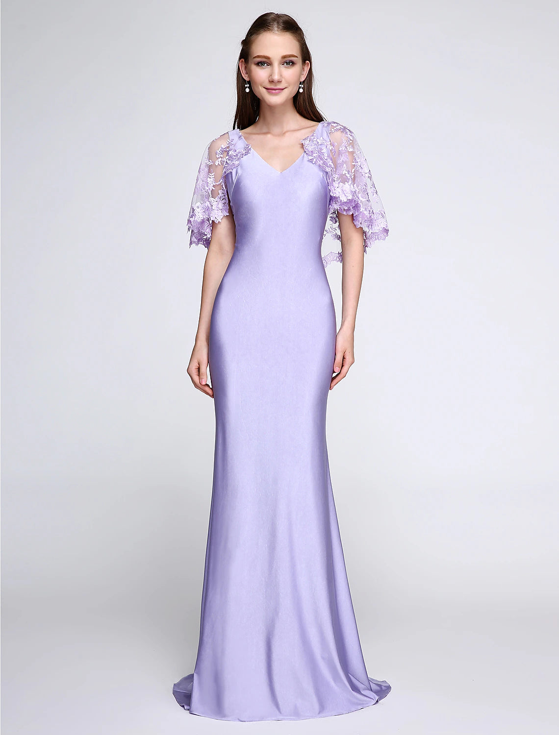 wholesale  Mermaid / Trumpet Bridesmaid Dress V Neck Sleeveless Wrap Included Sweep / Brush Train Jersey with Lace