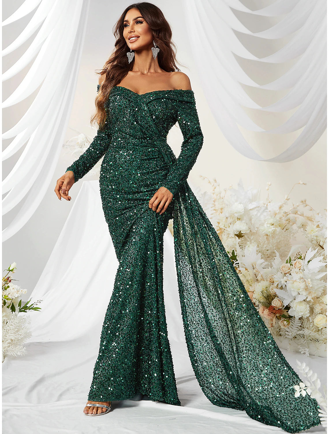 Wholesa Mermaid / Trumpet Evening Gown Sparkle & Shine Dress Formal Cocktail Party Sweep / Brush Train Long Sleeve Off Shoulder Polyester with Sequin