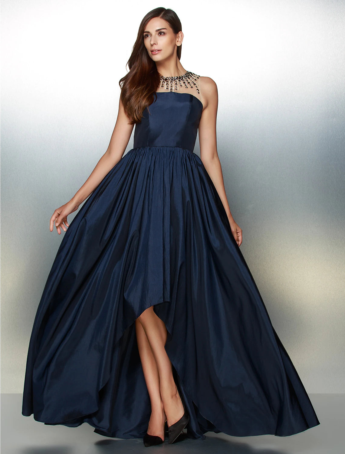 Wholesa A-Line Elegant High Low Prom Formal Evening Dress Illusion Neck Sleeveless Asymmetrical Taffeta with Pleats Beading