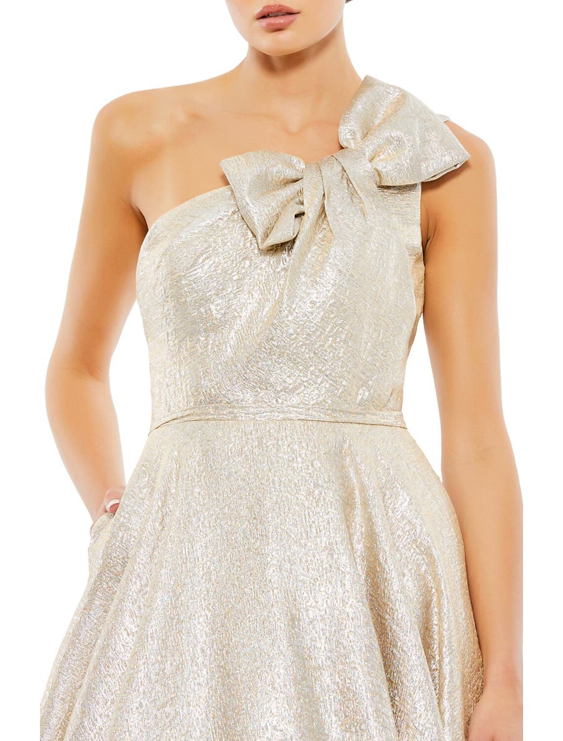 Wholesa A-Line Prom Dresses Sparkle Dress Wedding Floor Length Sleeveless One Shoulder Pocket Satin with Bow(s)