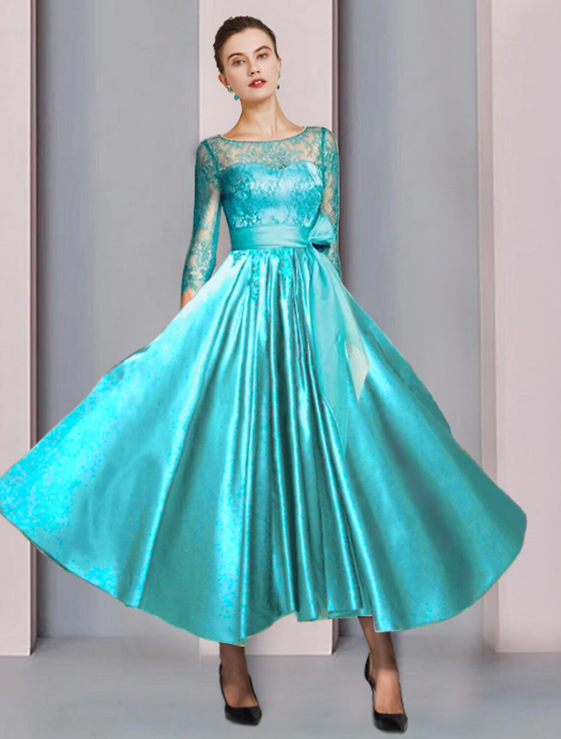 wholesale A-Line Mother of the Bride Dress Formal Wedding Guest Party Elegant Scoop Neck Ankle Length Satin Lace 3/4 Length Sleeve with Bow(s) Pleats