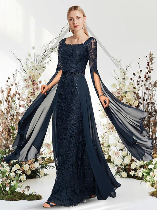 Wholesa Sheath / Column Evening Gown Empire Dress Wedding Guest Floor Length Short Sleeve Jewel Neck Chiffon with Pure Color