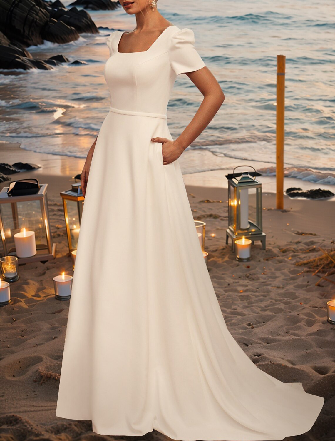 Wholesa Formal Wedding Dresses A-Line Square Neck Short Sleeve Court Train Stretch Fabric Bridal Gowns With Pleats Pocket