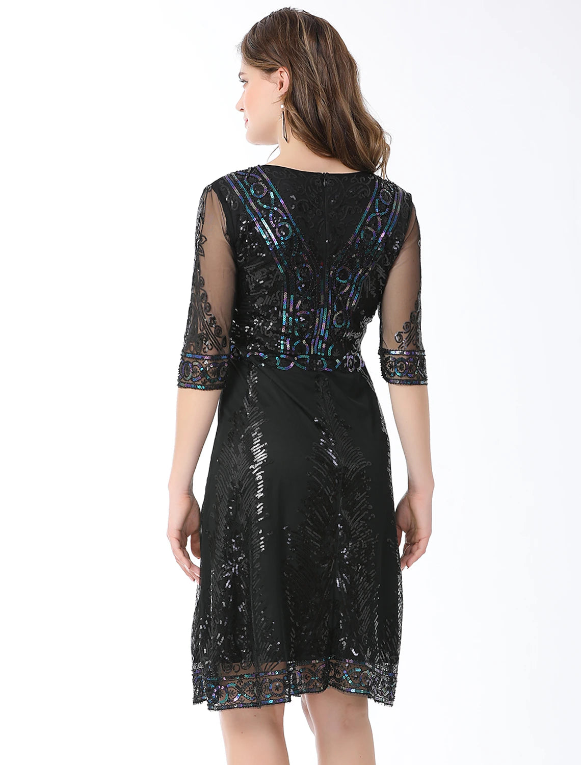 wholesa A-Line Elegant Vintage Holiday Party Wear Dress Jewel Neck Half Sleeve Knee Length Cotton Blend with Sequin Splicing