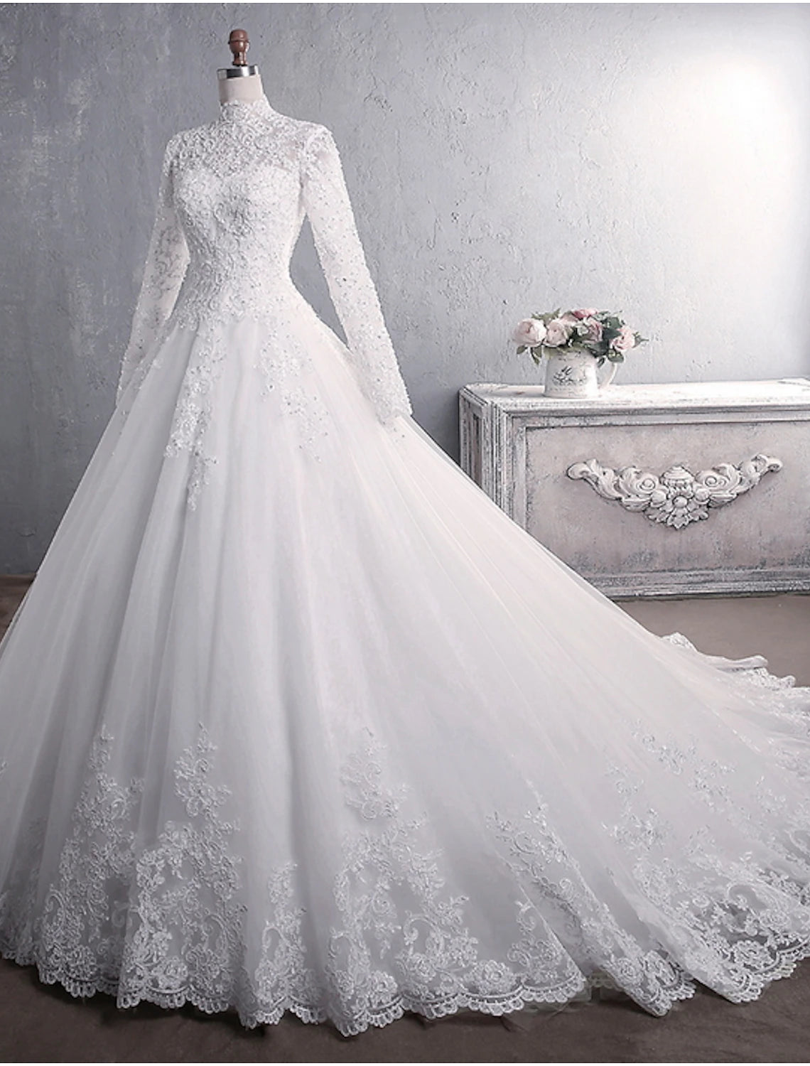 wholesale  Engagement Formal Wedding Dresses Ball Gown High Neck Long Sleeve Court Train Lace Bridal Gowns With Appliques