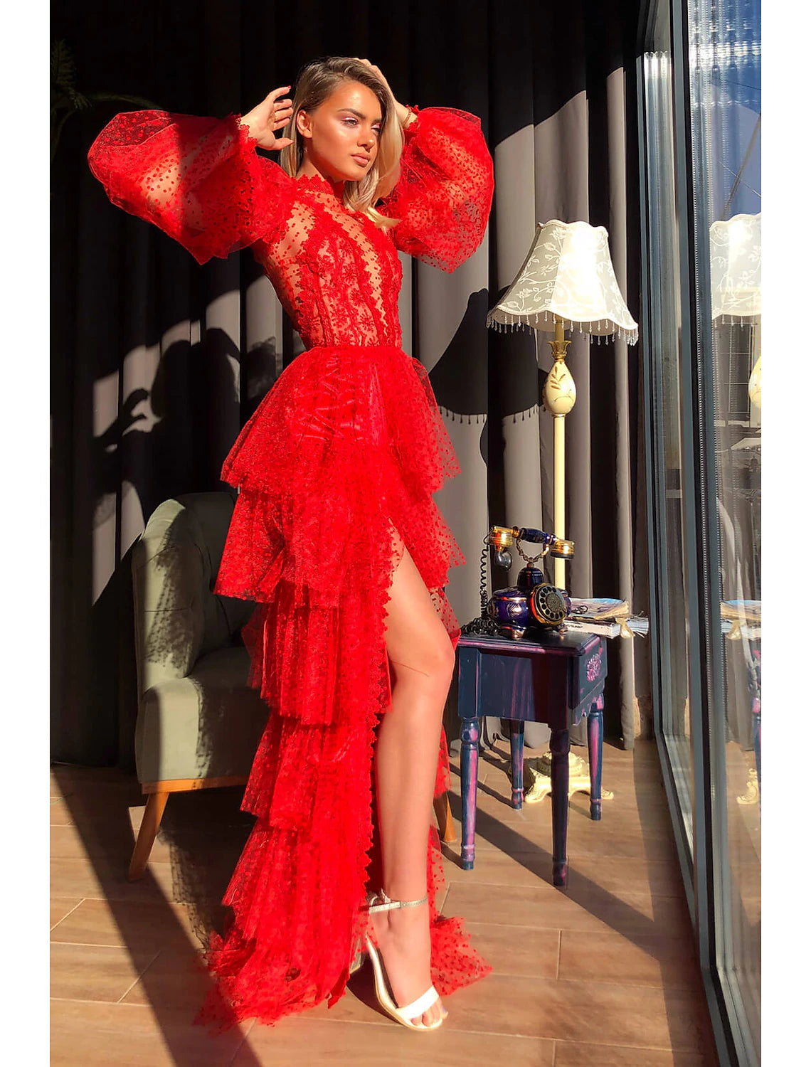 wholesale  Sheath / Column Empire Sexy High Split Party Wear Prom Valentine's Day Dress High Neck Long Sleeve Floor Length Lace with Slit Tier