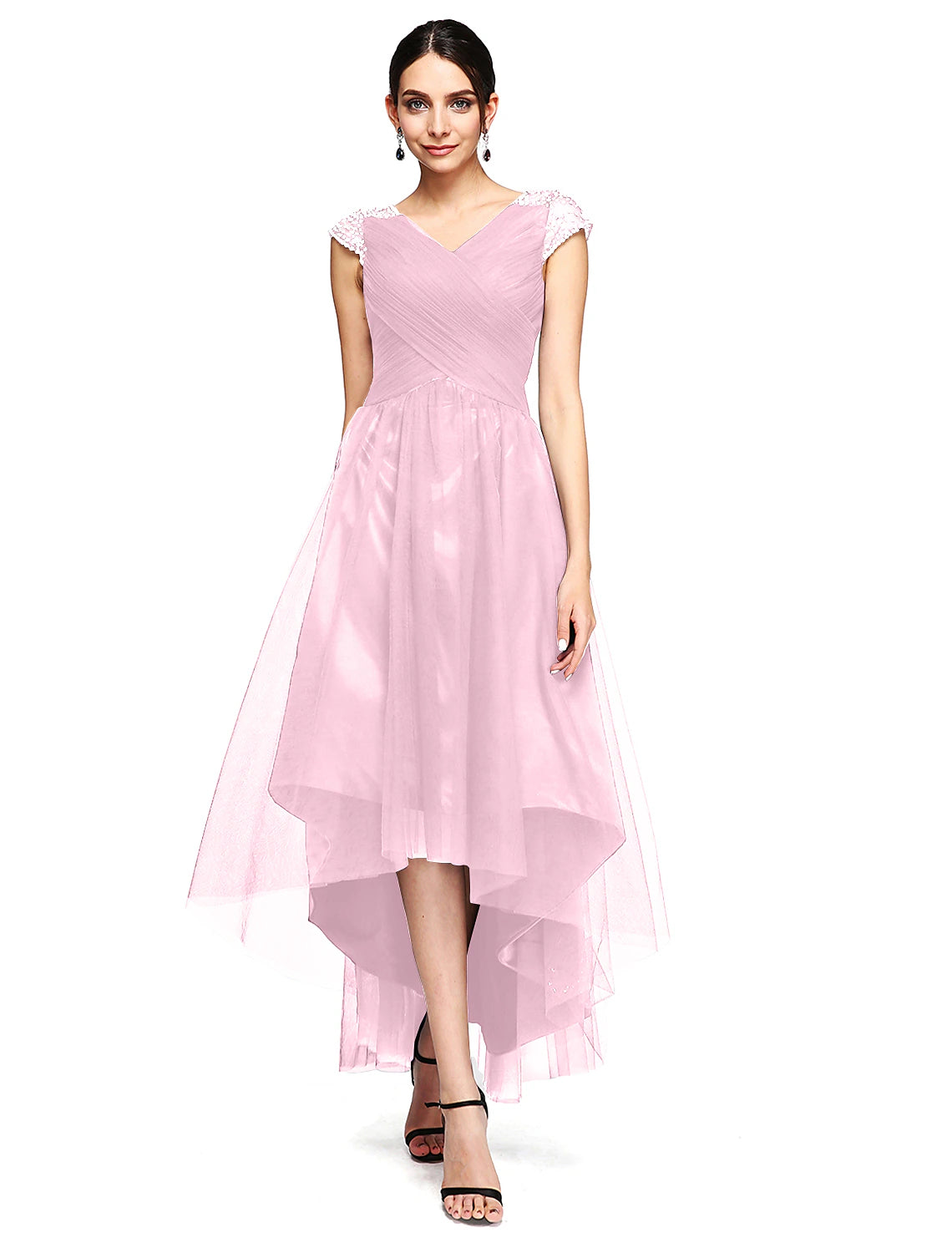 Wholesa A-Line Special Occasion Dresses Open Back Dress Wedding Guest Prom Asymmetrical Short Sleeve V Neck Tulle with Criss Cross Beading
