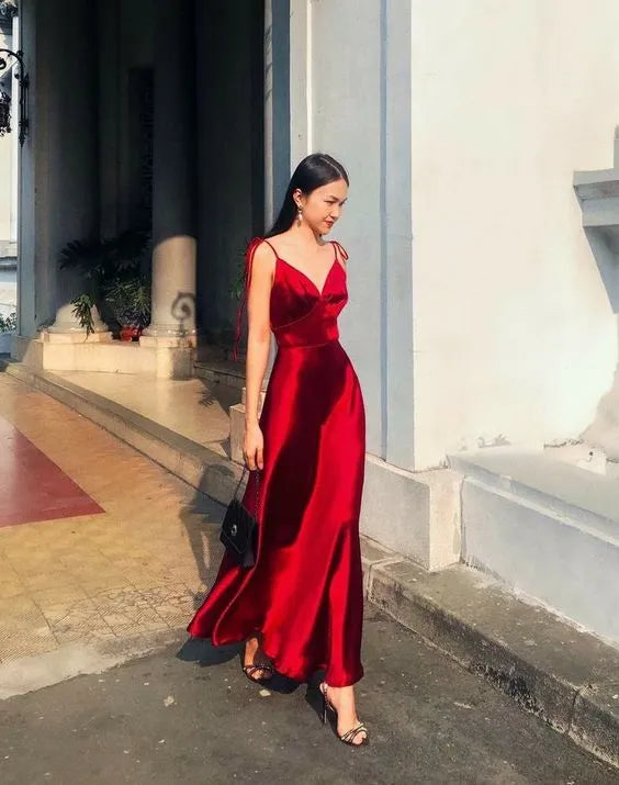 Tie‑Strap Red Satin V‑Neck A‑Line Midi Prom Dress